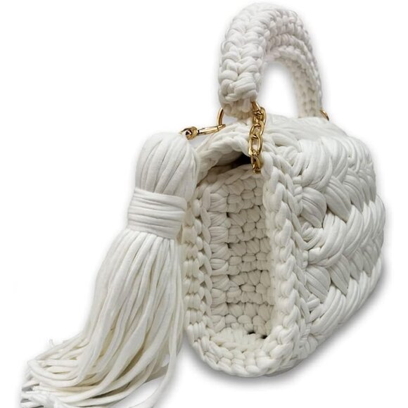 Women's Handmade Crochet White Evening Small Formal Flap Clutch Crossbody Bag - Picture 4 of 7